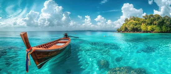 Tranquil Longtail Boat Anchored in Turquoise Waters