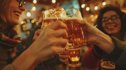 A group of friends toasting with pints of beer at a home party. Cozy atmosphere.