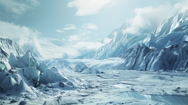 Glaciers retreating in mountainous regions, visibly reduced over time due to global warming