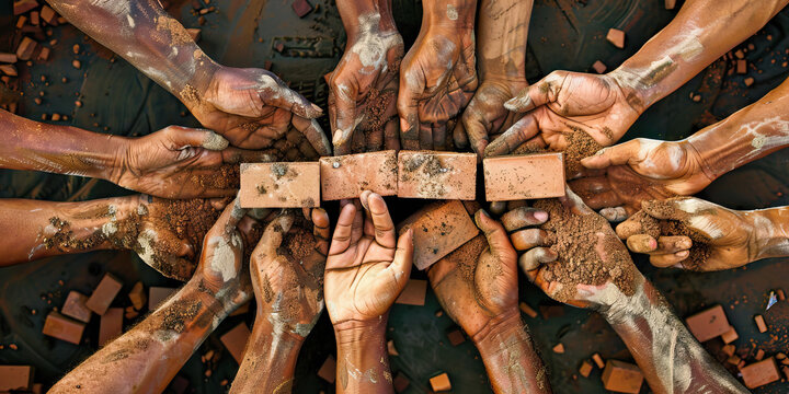 The Power of Collective Action: A group of individuals, each holding a single brick, coming together to build a stronger foundation for their future