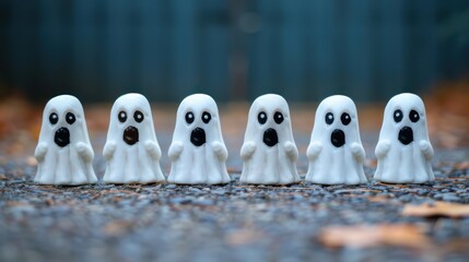 Obraz premium Cute and Spooky Ghost Figurines Lined Up on a Path for Halloween Decorations.