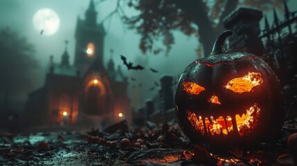 Obraz premium Spooky Halloween Night. Glowing Jack-o'-lantern in a Churchyard with Full Moon and Bats.