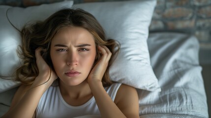 Fototapeta premium a woman in bed on a pillow suffers and cannot sleep, covers her ears with a pillow