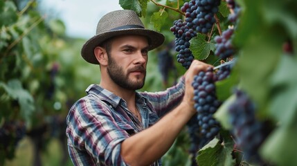 A young farmer tending to his vineyard, carefully pruning grapes to ensure a high-quality wine production