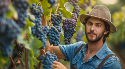 A young farmer tending to his vineyard, carefully pruning grapes to ensure a high-quality wine production