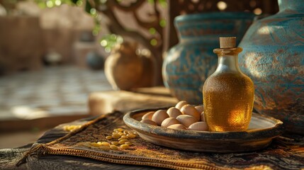 Fototapeta premium Still life of Argan oil and fruit with nuts on a table