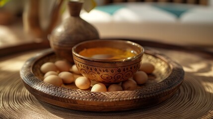 Still life of Argan oil and fruit with nuts on a table