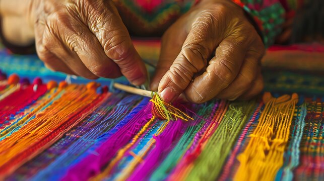 A close-up of hands crafting a traditional Hispanic textile