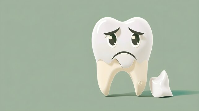 Cartoon tooth with a sad face and a missing tooth, depicting dental pain and loss.