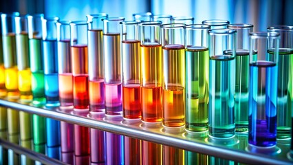 Glass test tubes, arranged in a science lab, filled with colorful liquids, no labels visible.