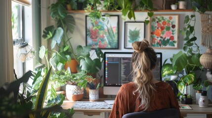 Lifestyle blogger planning content ideas in a beautifully organized home office, surrounded by plants and wall art