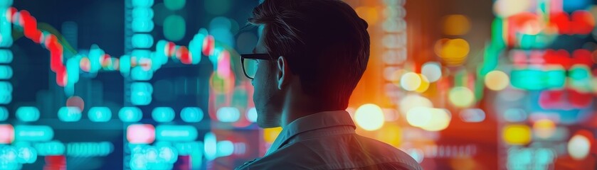 Investor reviewing ETF performance on a digital screen, surrounded by colorful graphs and financial reports