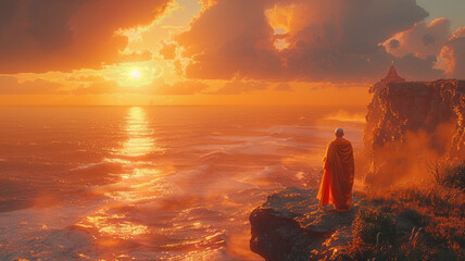 Obraz premium portrait of a buddhist monk standing alone on a cliff's edge at sunset,generative ai