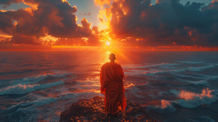 Obraz premium portrait of a buddhist monk standing alone on a cliff's edge at sunset,generative ai