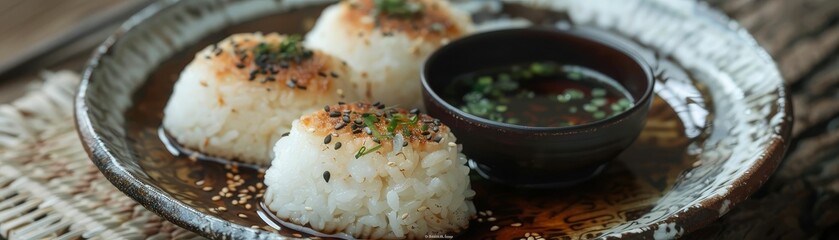 Yaki onigiri (grilled rice balls) served on a ceramic plate with soy sauce and miso soup