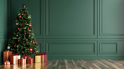 Christmas tree with Christmas gifts decoration on floor green wall room background 