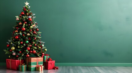 Christmas tree with Christmas gifts decoration on floor green wall room background 
