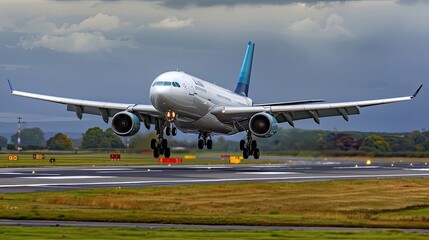 A large commercial airplane takes off from a paved airport runway, surrounded by green grass and a view of distant mountains