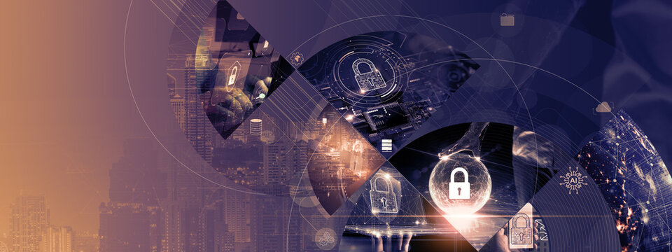  A collage showcasing various aspects of cybersecurity with digital lock icons and cityscape in the background.Cybersecurity Elements and Digital Locks