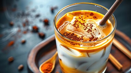 Iced latte, straw in glass,