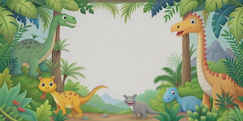 Naklejka premium Jungle scrapbook page with cute dinosaur in corner Forest with dinosaurs and foliage for kids AI-Created Content