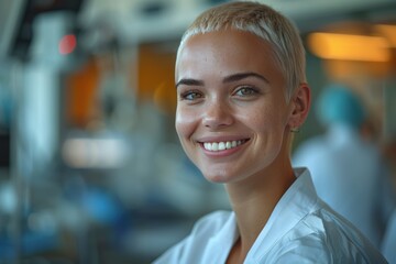 Chemo journey triumph: woman in white coat in hospital