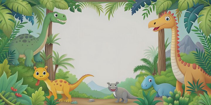 Jungle scrapbook page with cute dinosaur in corner Forest with dinosaurs and foliage for kids AI-Created Content