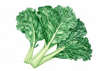 An enchanting watercolor illustration of kale, rendered in a cute and kawaii style, isolated on a white background