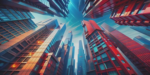 Looking Up at Futuristic Cityscape with Red and Blue Buildings AI-Generated Content