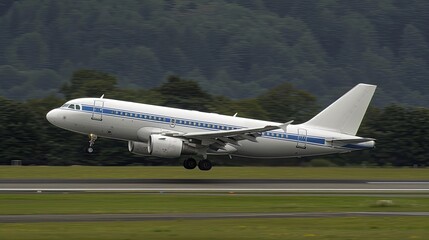 Obraz premium A large commercial airplane takes off from a paved airport runway, surrounded by green grass and a view of distant mountains