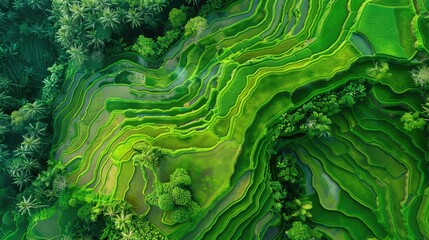 Aerial view of green rice terraces creating a mosaic pattern on a hillside.