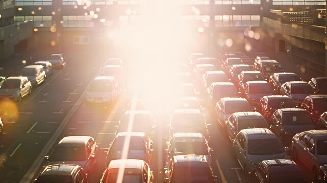 The sunlight reflects off the panels creating a dazzling effect as it shines down on the parked cars below.