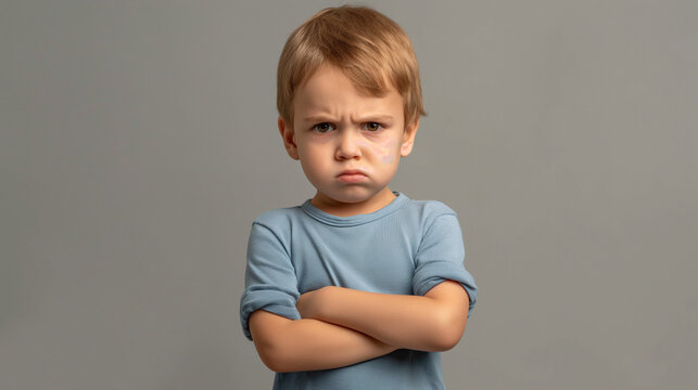 Mad male kid, angry little boy standing with his arms crossed, and looking at the camera with upset face expression. Unhappy toddler, studio shot, annoyed and frustrated child emotion