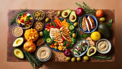 A vibrant and colorful still life composition of whole, nutrient-dense foods, generative ai