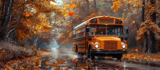 Obraz premium School Bus Driving Through Autumn Forest