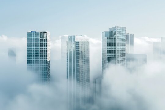 A stunning modern city skyline partially hidden by clouds, showcasing architectural marvels and urban innovation.