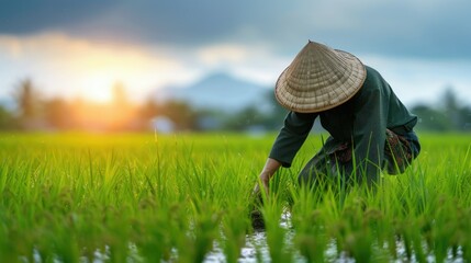 Farmer working in green rice paddies, wearing traditional hat and clothes, under a bright sky.