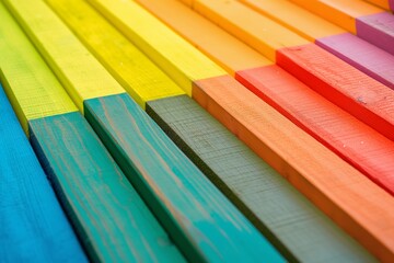 A set of wooden planks painted in vibrant rainbow colors, arranged in a neat and orderly pattern, showcasing their hues.