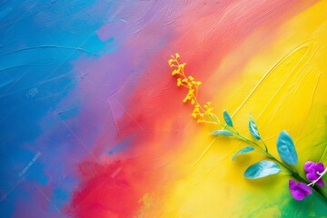 Obraz premium A canvas painted with an abstract, vibrant rainbow gradient, featuring a sprig of yellow and purple flowers, blending art and nature.