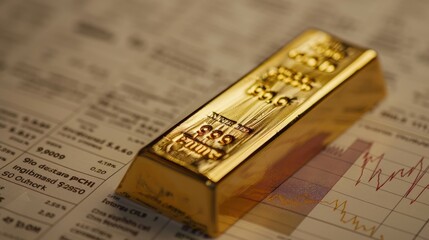 Gold bar resting on a printed chart displaying gold market trends and data.