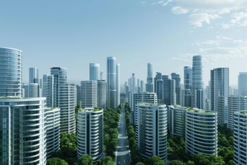 Fototapeta premium Development is portrayed in an ultramodern, supernatural scene, with copy space, where smart cities evolve with towering buildings and green spaces harmoniously integrated