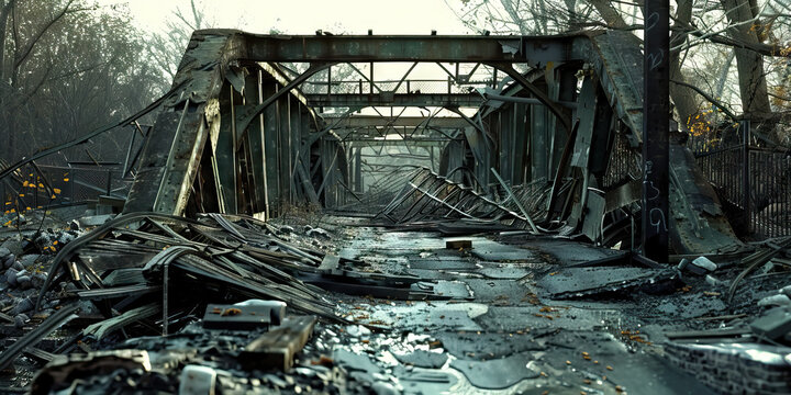 Broken bridge a bridge destroyed in the crossfire of war.