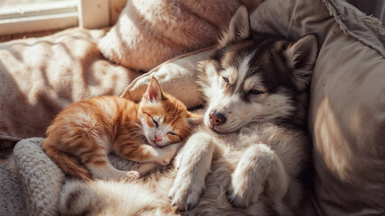 Cute Cat and Dog Sleeping Together
