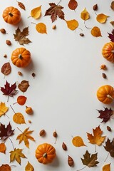 Halloween Fall background with orange pumpkins and autumn fall leaves on a light surface, 9:16