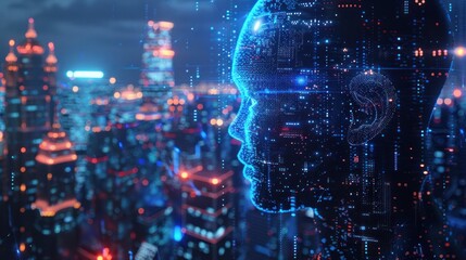 smart city connected with mobile internet. AI controls city infrastructure, data traffic, ensures security
