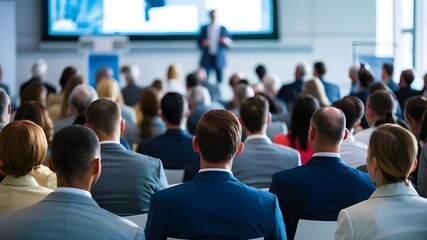 Fototapeta premium A business event in a spacious conference hall, with attendees focused on the speaker, training, audience.