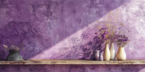 Wooden shelf with empty space, in purple interior in industrial style, decorated with vases and dry flowers, mockup