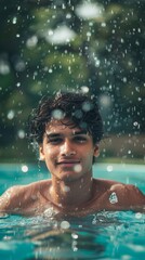 Serene young Indian man relishing rainy day in luxurious garden with pool. Handsome guy unwinding during summer shower, exemplifying lifestyle, wellness, and vacation concepts. Tranquil estate scene i