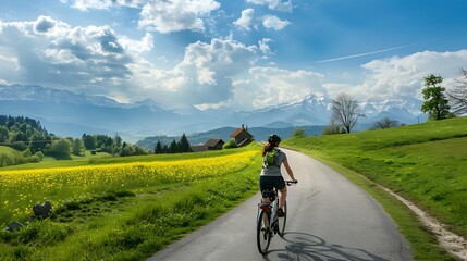 Naklejka premium Countryside Bicycle Adventure Through Scenic Mountain Landscape