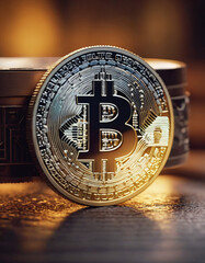 macro of a metal bitcoin-coin